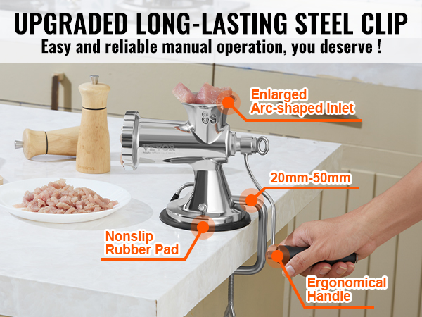 VEVOR manual meat grinder with enlarged arc-shaped inlet, nonslip rubber pad, and ergonomical handle.