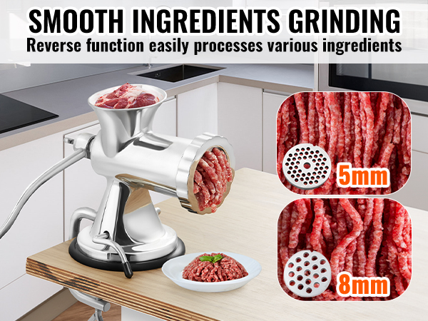 VEVOR manual meat grinder in a modern kitchen processing ground meat with 8mm and 5mm settings.