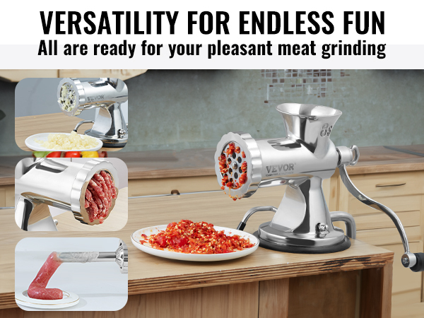 VEVOR manual meat grinder on a kitchen counter grinding various types of meat and vegetables.
