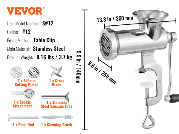 VEVOR manual meat grinder, model s#12, stainless steel, table clip, 8.16 lbs, includes accessories.