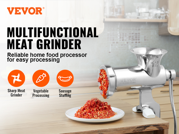 VEVOR manual meat grinder in a kitchen setting, processing meat onto a plate. multifunctional tool.
