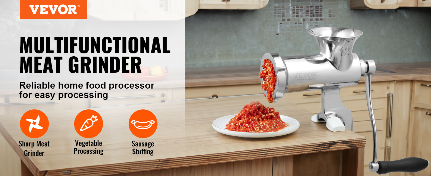 VEVOR manual meat grinder in a kitchen setting, processing meat onto a plate. multifunctional tool.
