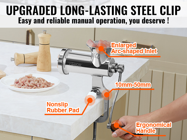 VEVOR manual meat grinder with enlarged arc-shaped inlet, nonslip rubber pad, and ergonomic handle.