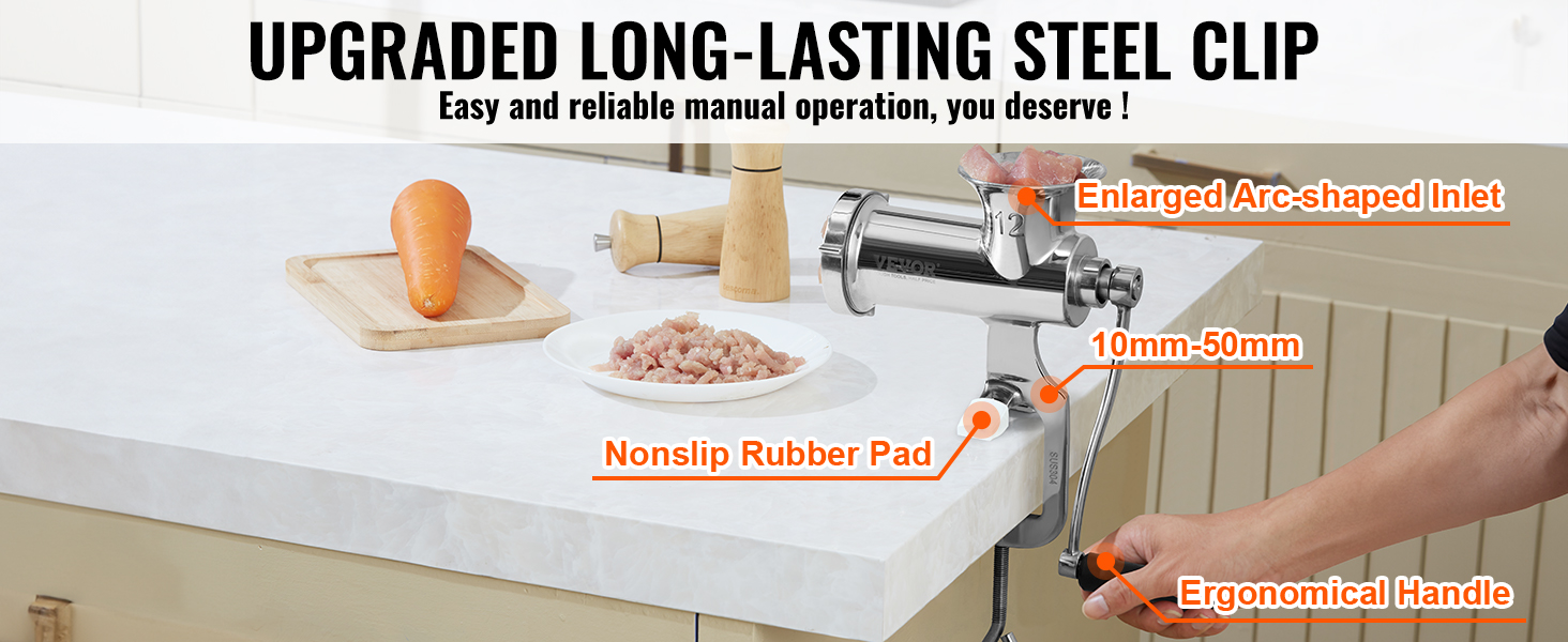 VEVOR manual meat grinder with enlarged arc-shaped inlet, nonslip rubber pad, and ergonomic handle.