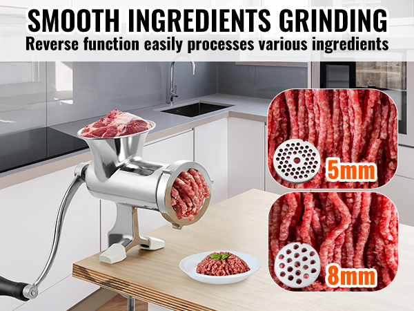 VEVOR manual meat grinder in a kitchen, showing ground meat with 8mm and 5mm cutting plates.