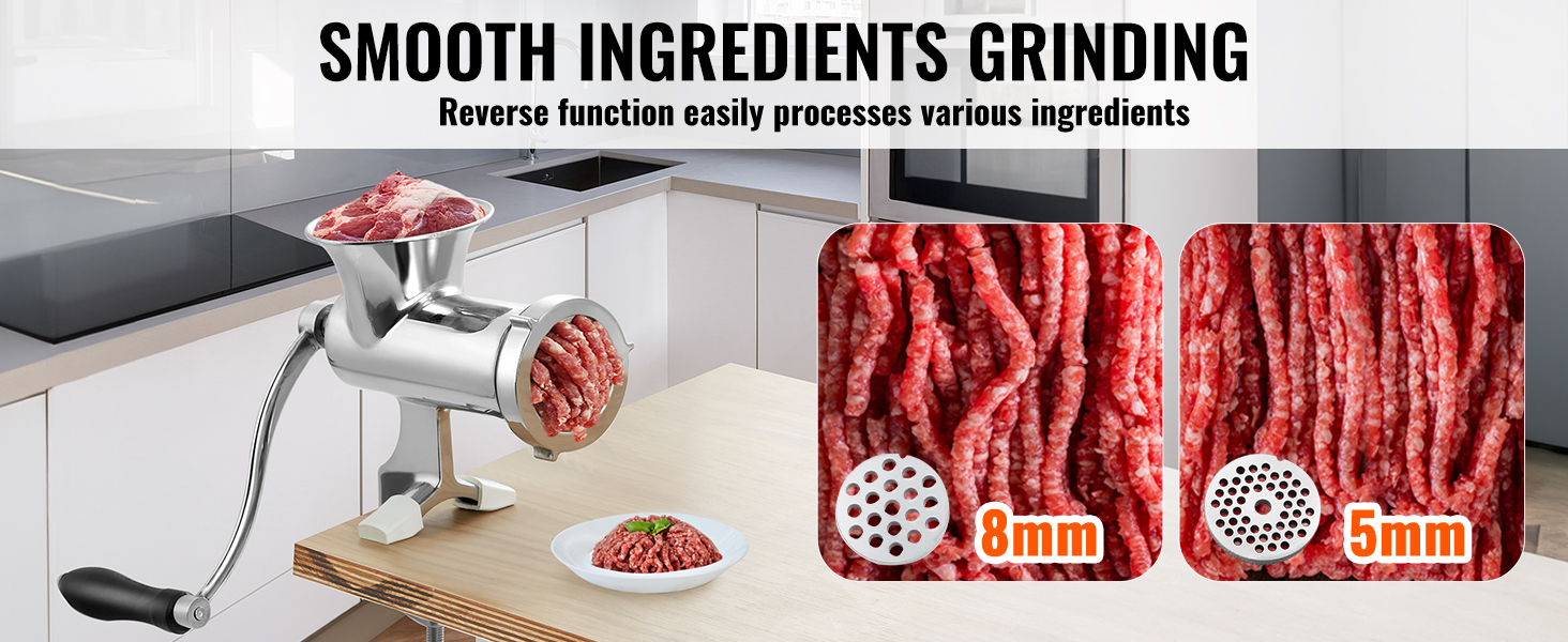 VEVOR manual meat grinder in a kitchen, showing ground meat with 8mm and 5mm cutting plates.
