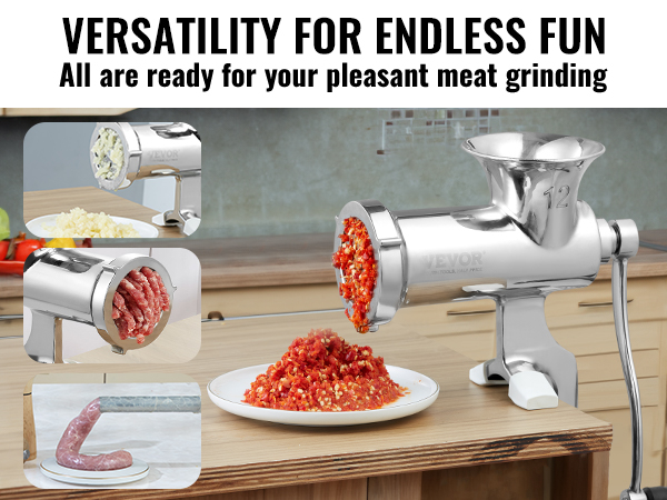 VEVOR manual meat grinder on a wooden counter with minced meat, sausage making, and minced vegetables.