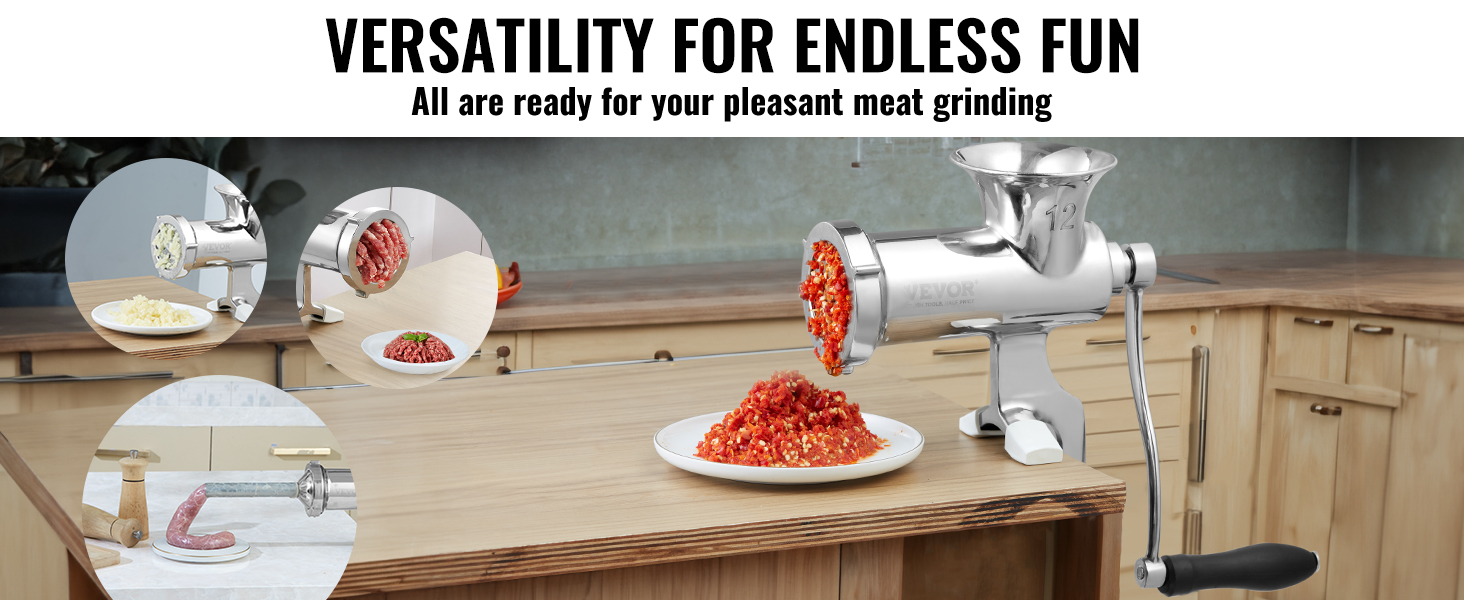 VEVOR manual meat grinder on a wooden counter with minced meat, sausage making, and minced vegetables.