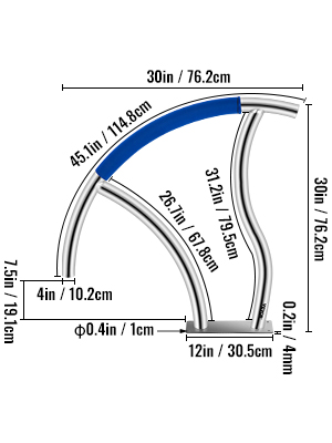 VEVOR pool handrail with blue grip and detailed dimensions in inches and centimeters.