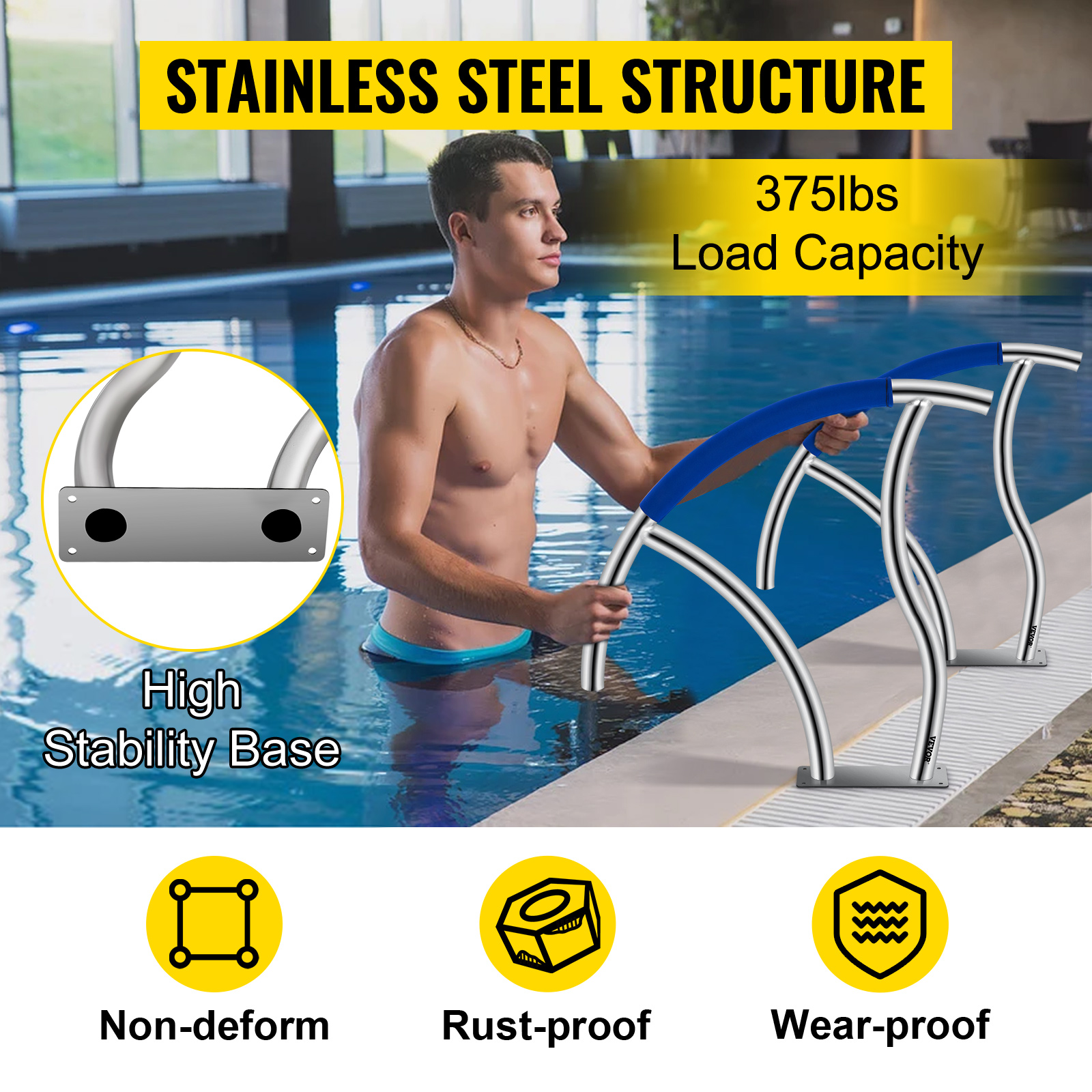VEVOR pool handrail, stainless steel structure, 375lbs load capacity, high stability base