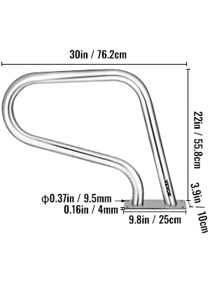 stainless steel VEVOR pool rail with dimensions and measurements.