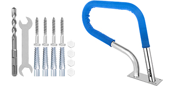 blue VEVOR pool rail with mounting screws, drill bit, hex nuts, and wrench.