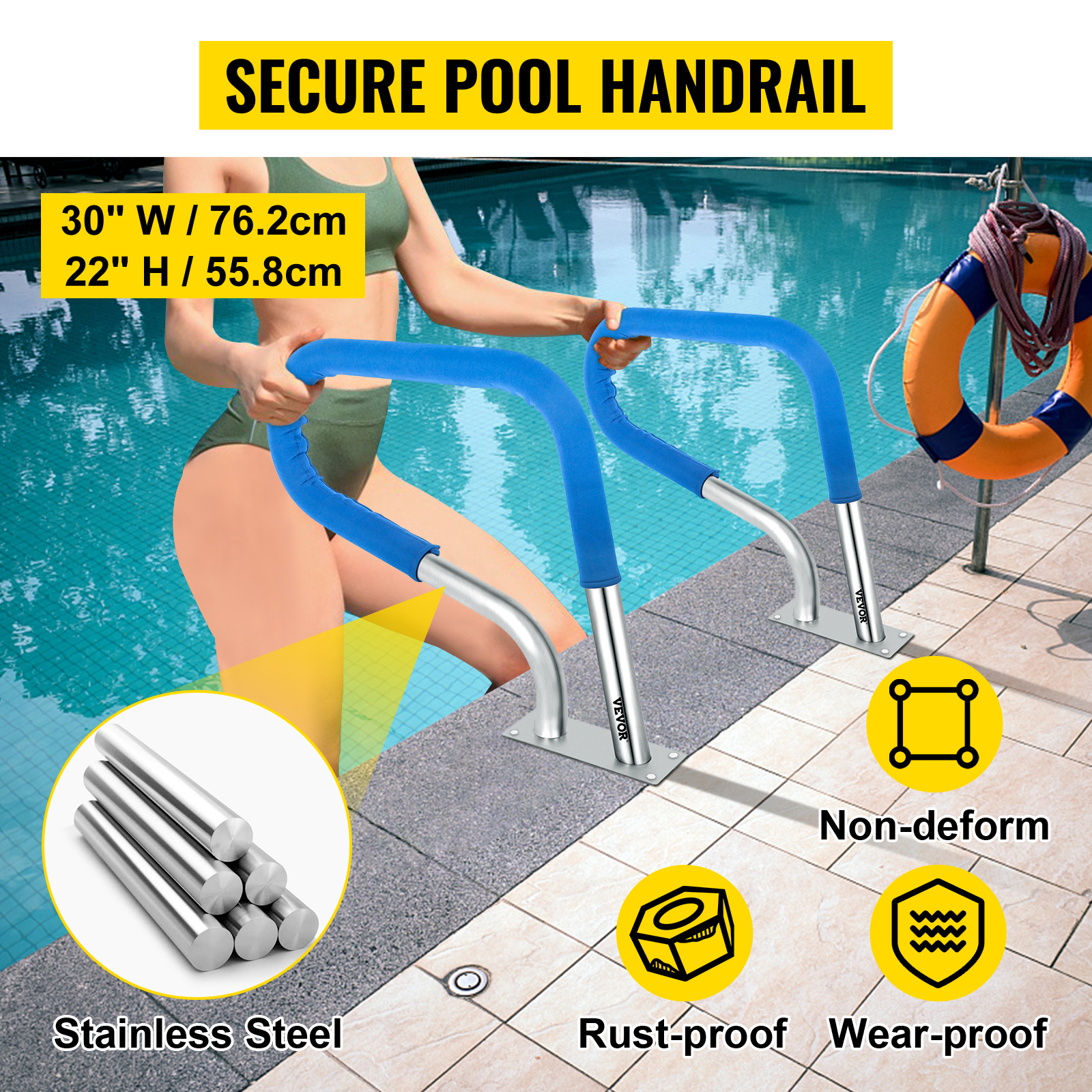 VEVOR pool rail with blue grips beside a pool. stainless steel, rust-proof, wear-proof.