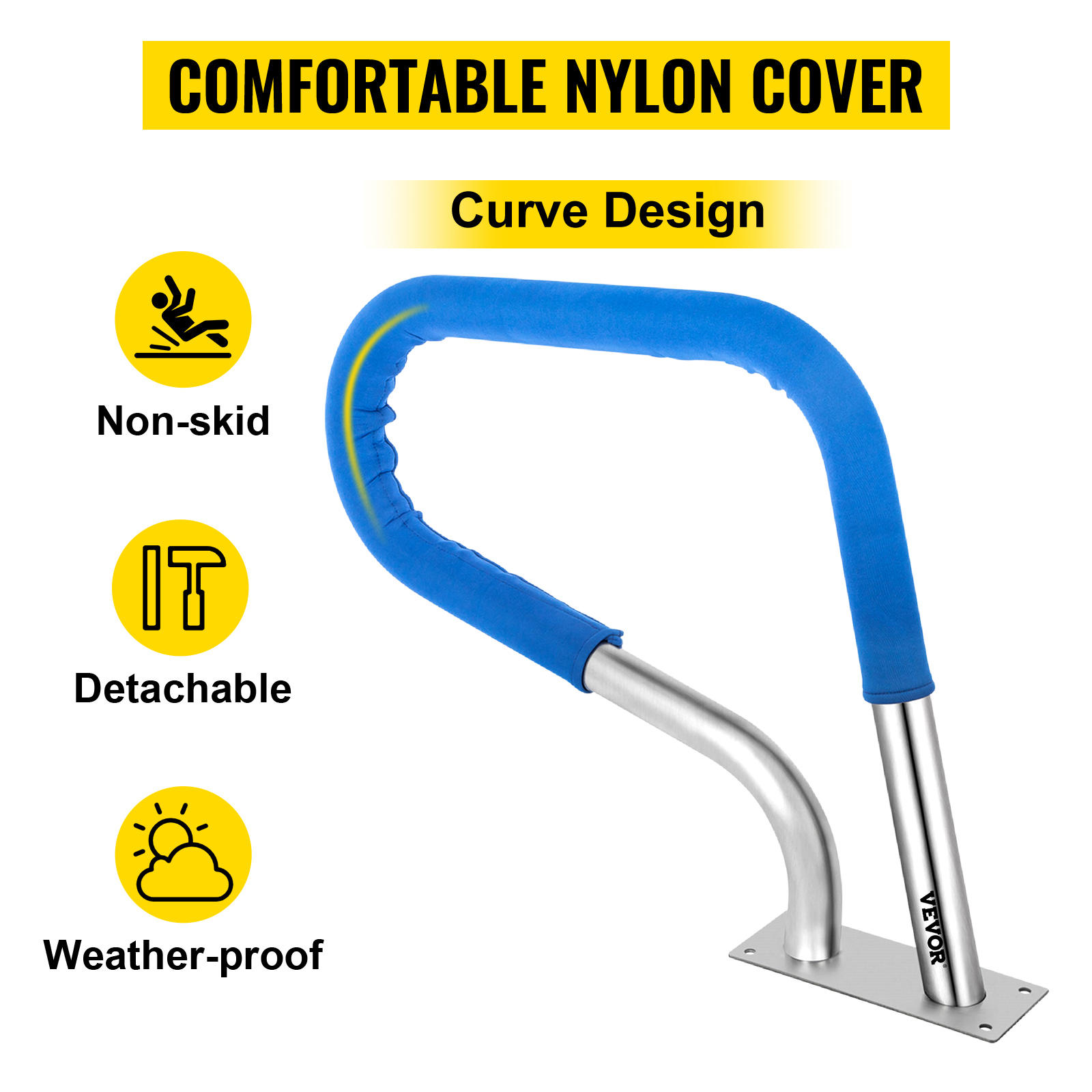 VEVOR pool rail with non-skid, detachable, weather-proof, curved nylon cover.