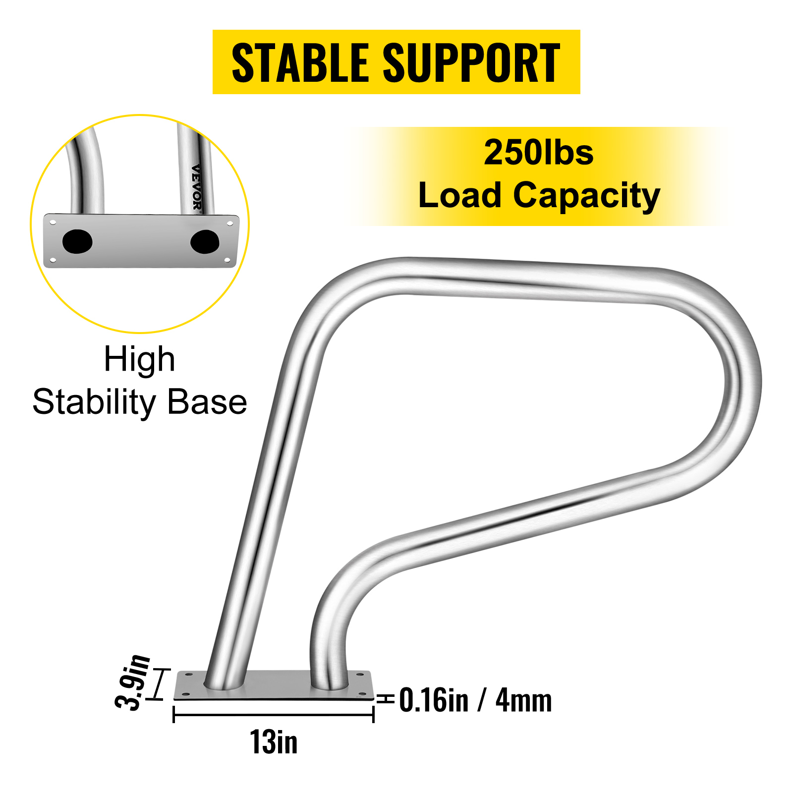 VEVOR pool rail with high stability base, 250lbs load capacity, 3.9"x13" dimensions.