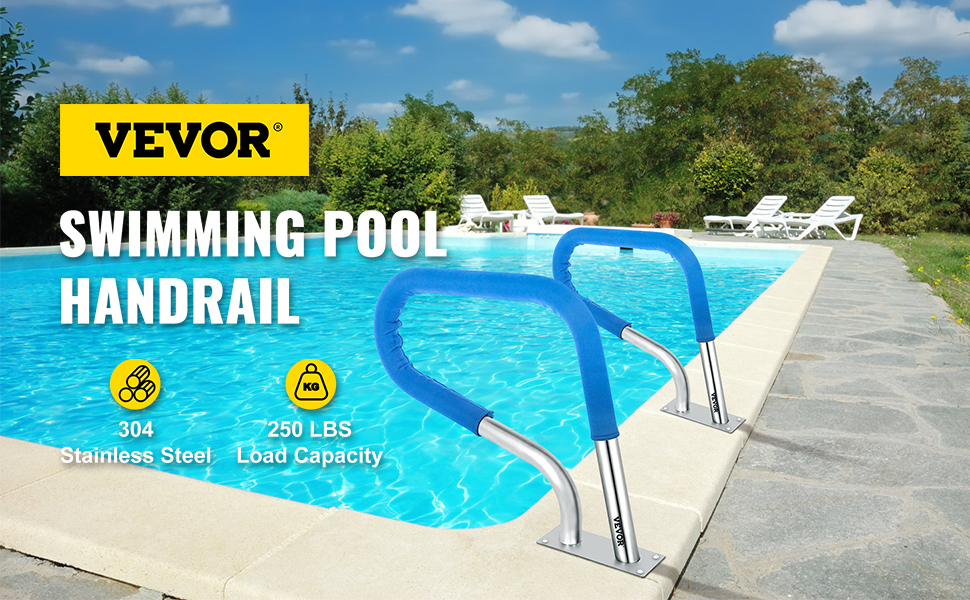 VEVOR pool rail in blue beside a swimming pool with green trees in the background.