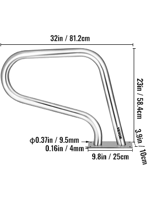 VEVOR pool rail with dimensions: 32in, 23in height, 9.8in base, 0.37in thickness.