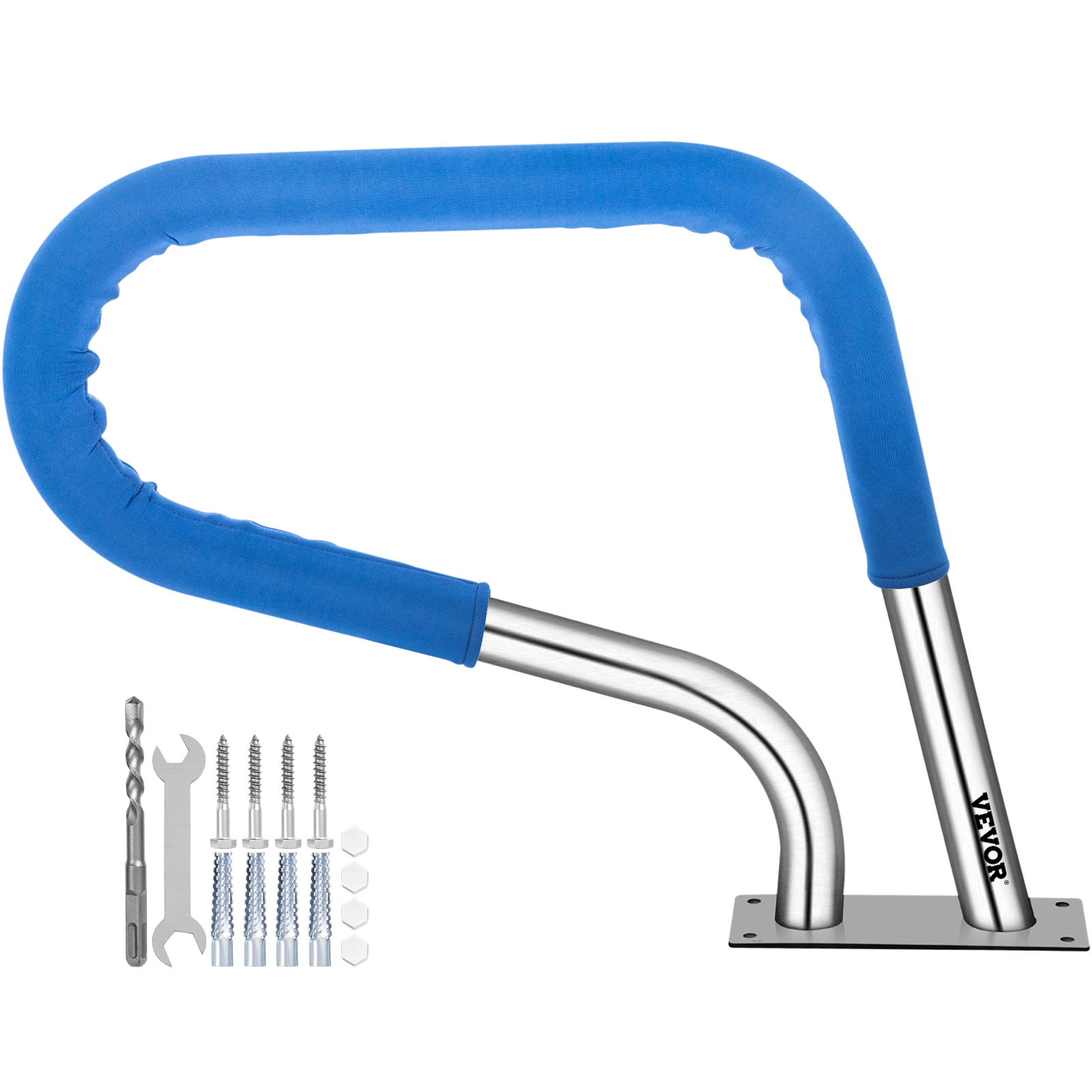 VEVOR pool rail with blue cover and installation tools including drill bit and screws.