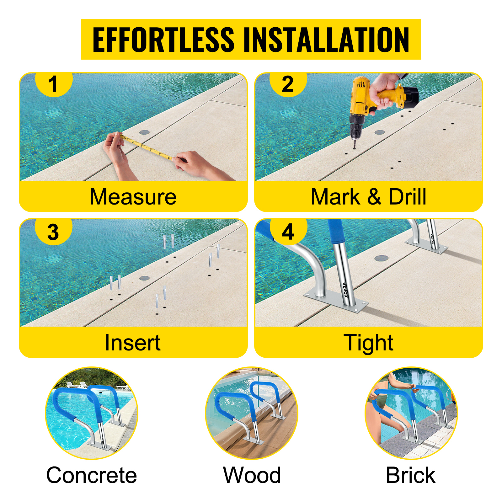 VEVOR pool rail installation steps: measure, mark & drill, insert, and tighten.