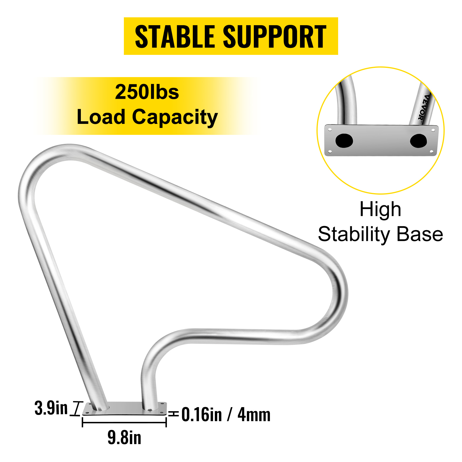 VEVOR pool rail 250lbs load capacity, high stability base, 9.8in width, 3.9in height.