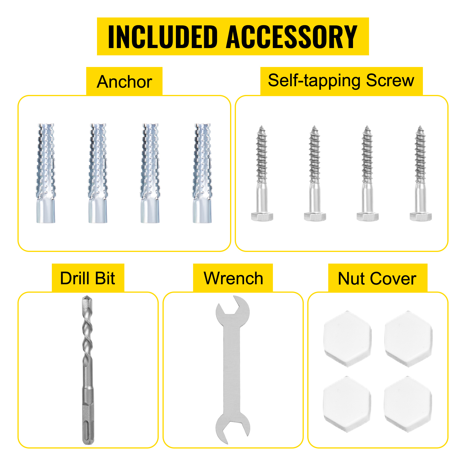 included accessories for VEVOR pool rail: anchors, self-tapping screws, drill bit, wrench, nut covers.