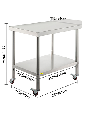 VEVOR stainless steel prep table with caster wheels, 35in high and 24in wide.