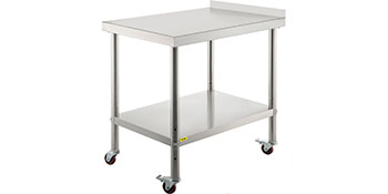 VEVOR stainless steel prep table with wheels and undershelf.