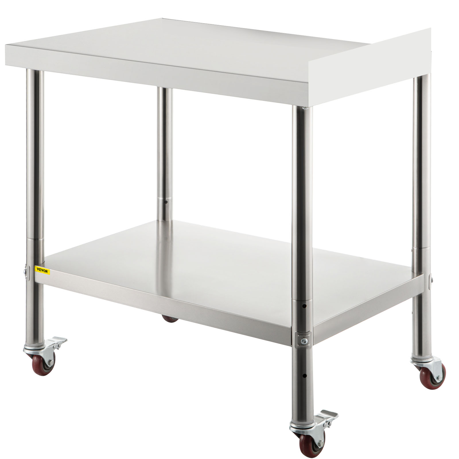 VEVOR stainless steel prep table with undershelf and locking caster wheels.