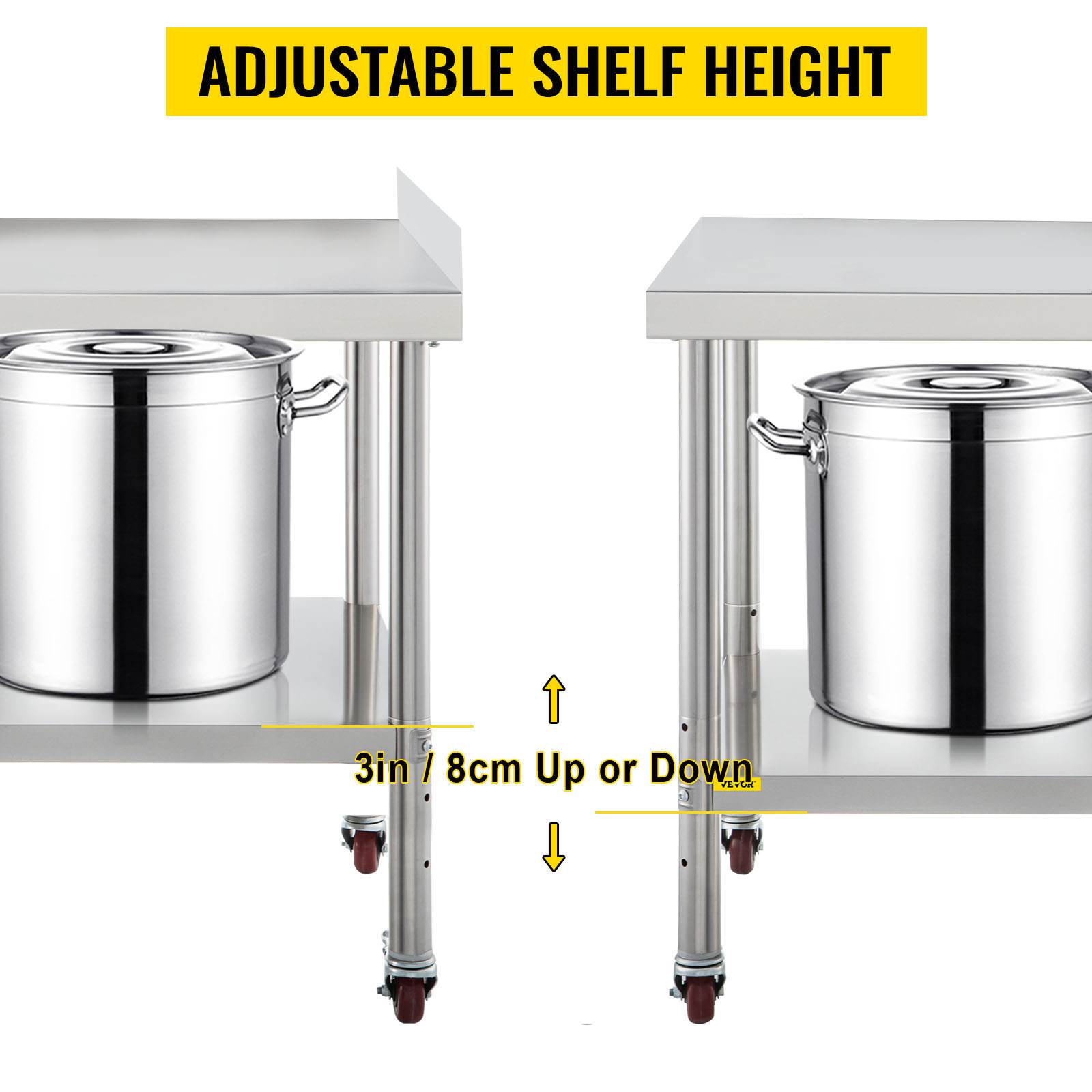 VEVOR stainless steel prep table with adjustable shelf height, 3 inches up or down.
