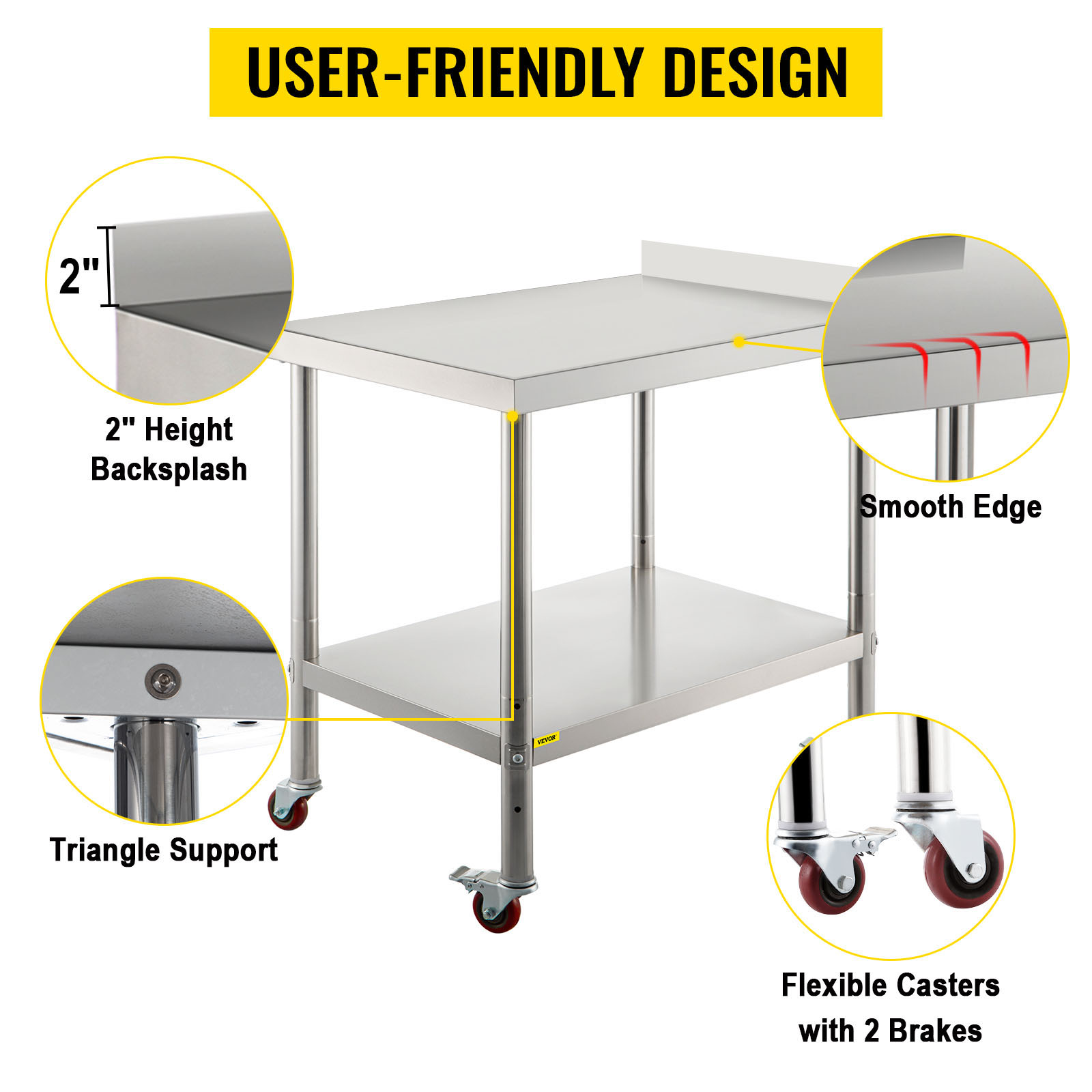 VEVOR stainless steel prep table with 2" backsplash, smooth edges, and flexible casters.