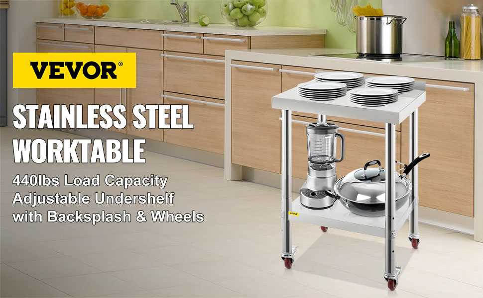 VEVOR stainless steel prep table in kitchen, holds plates, blender, and cookware.