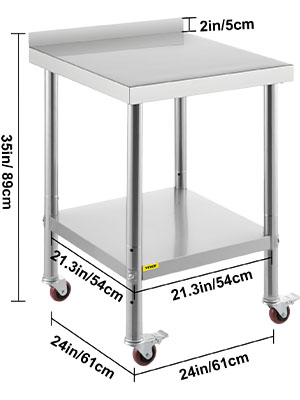 VEVOR stainless steel prep table with caster wheels and two-tier design, size 24x24 inches.