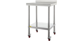 VEVOR stainless steel prep table with caster wheels and lower shelf.