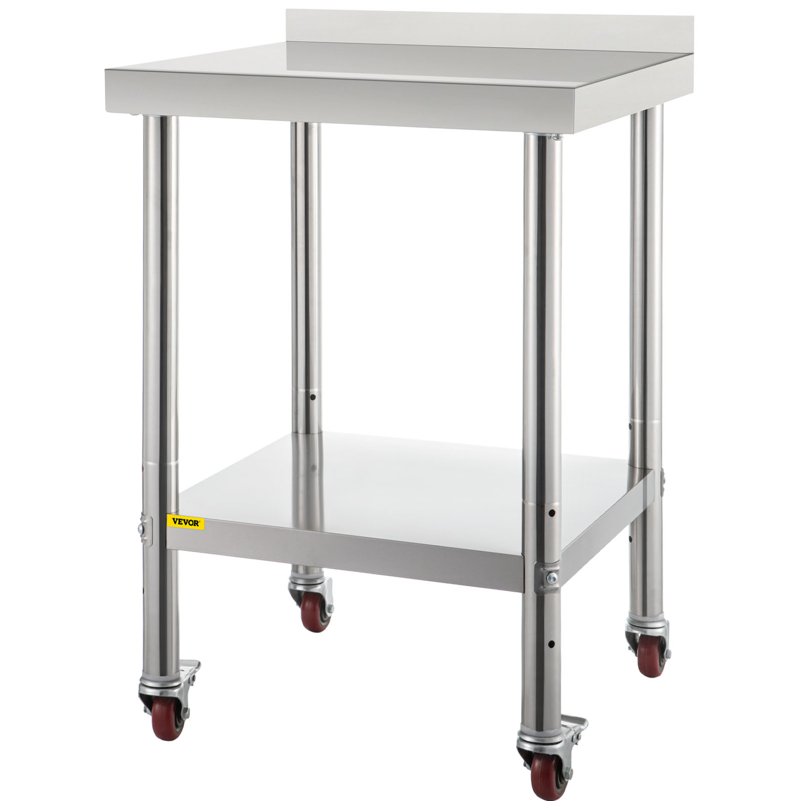 VEVOR stainless steel prep table with undershelf and casters for kitchen use.