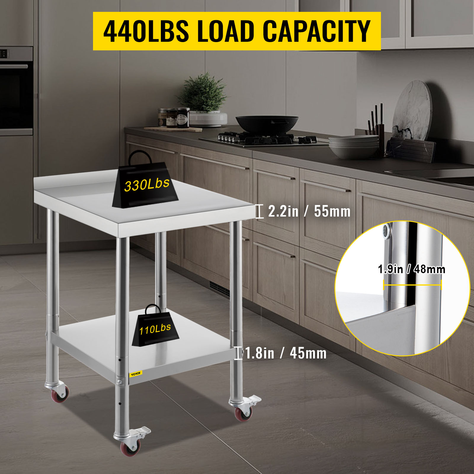 VEVOR stainless steel prep table with 440lbs load capacity in modern kitchen.