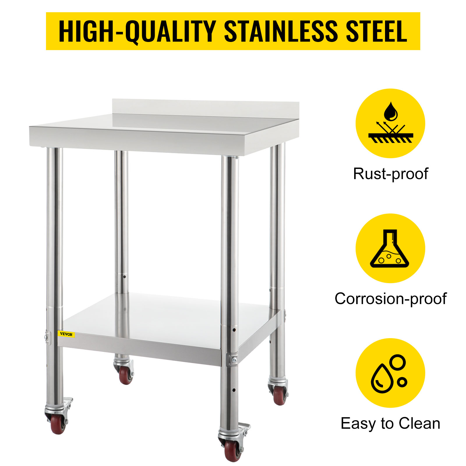 VEVOR stainless steel prep table with wheels, rust-proof, corrosion-proof, easy to clean.