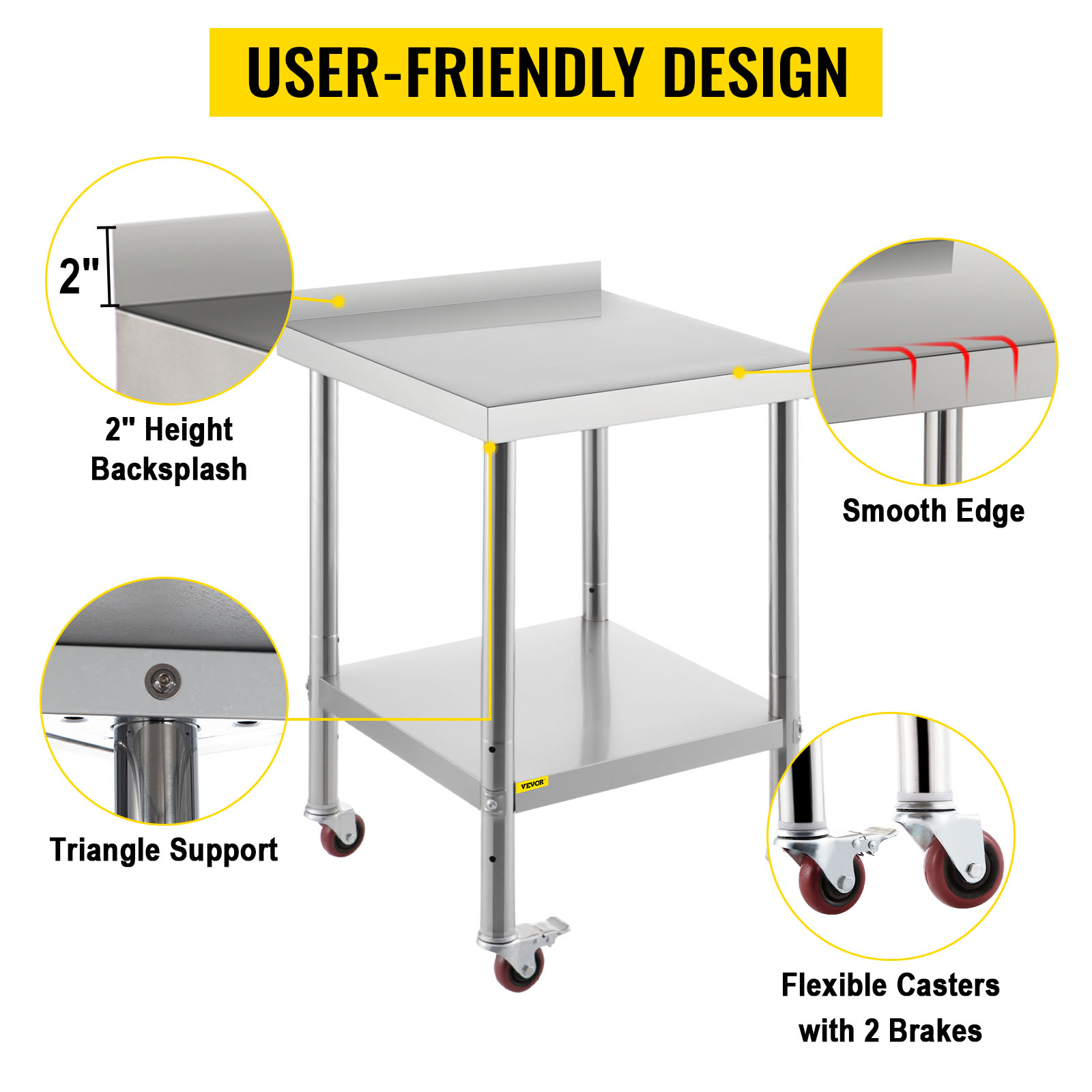 VEVOR stainless steel prep table with backsplash, smooth edge, and caster brakes.