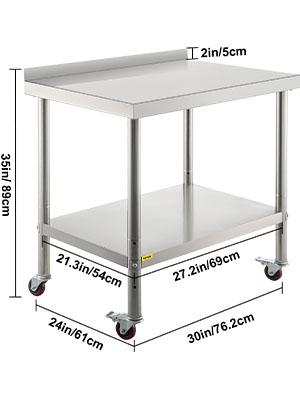 VEVOR stainless steel prep table with dimensions and caster wheels.