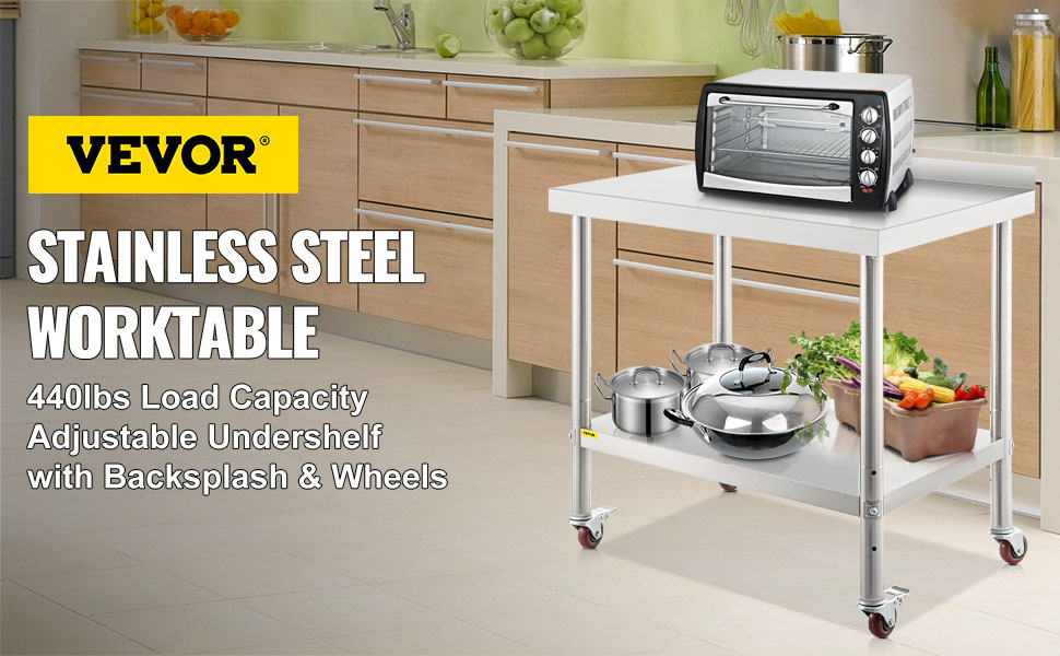VEVOR stainless steel prep table with wheels in a kitchen, featuring pots and fresh produce.