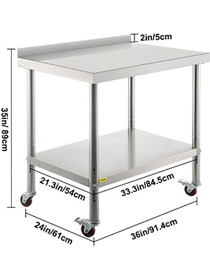 VEVOR stainless steel prep table with casters, 2-tier, 35in height, and backsplash.