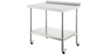 VEVOR stainless steel prep table with lower shelf and caster wheels for easy mobility.
