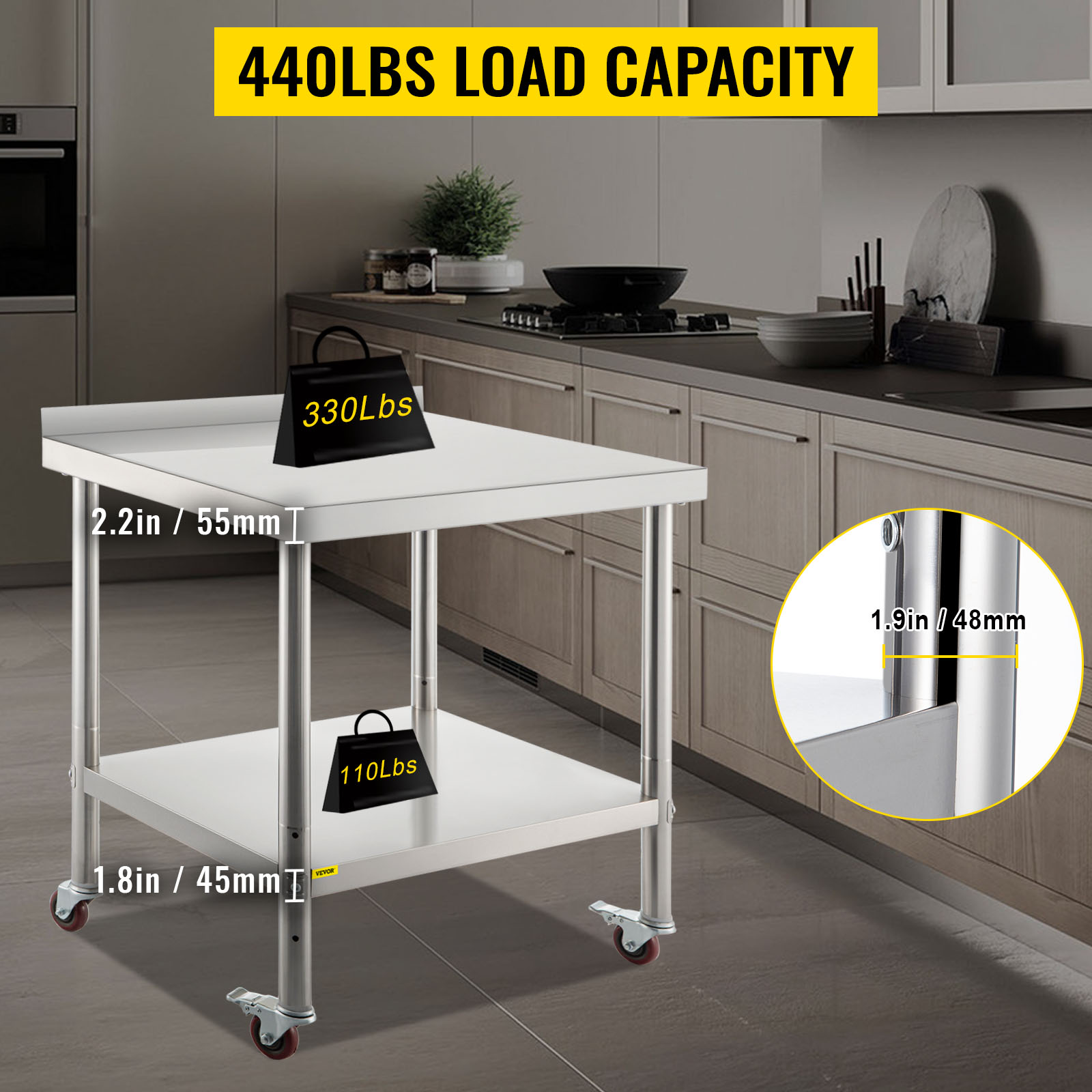 VEVOR stainless steel prep table with 440lbs load capacity in a modern kitchen.