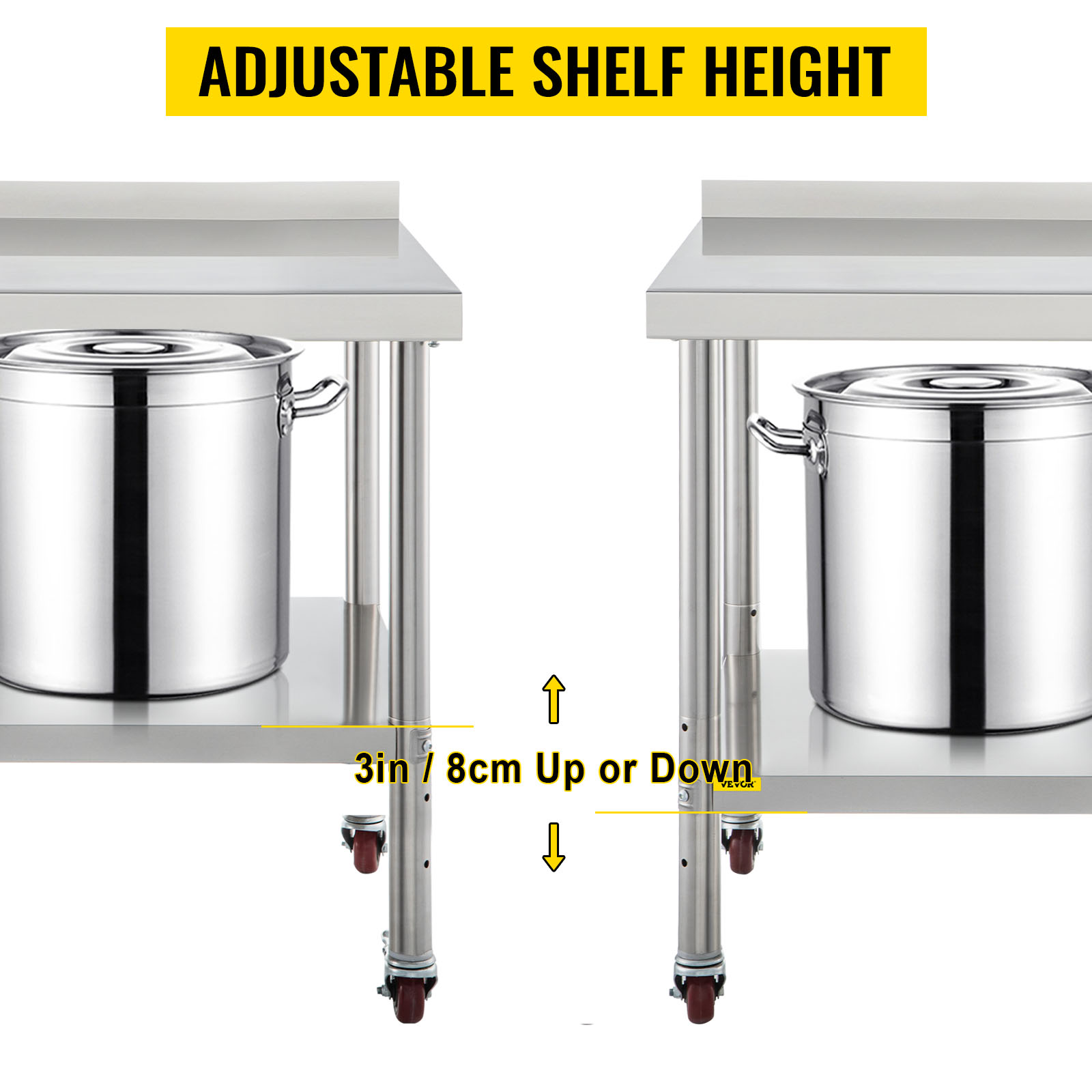 VEVOR stainless steel prep table with adjustable shelf height and lockable wheels.