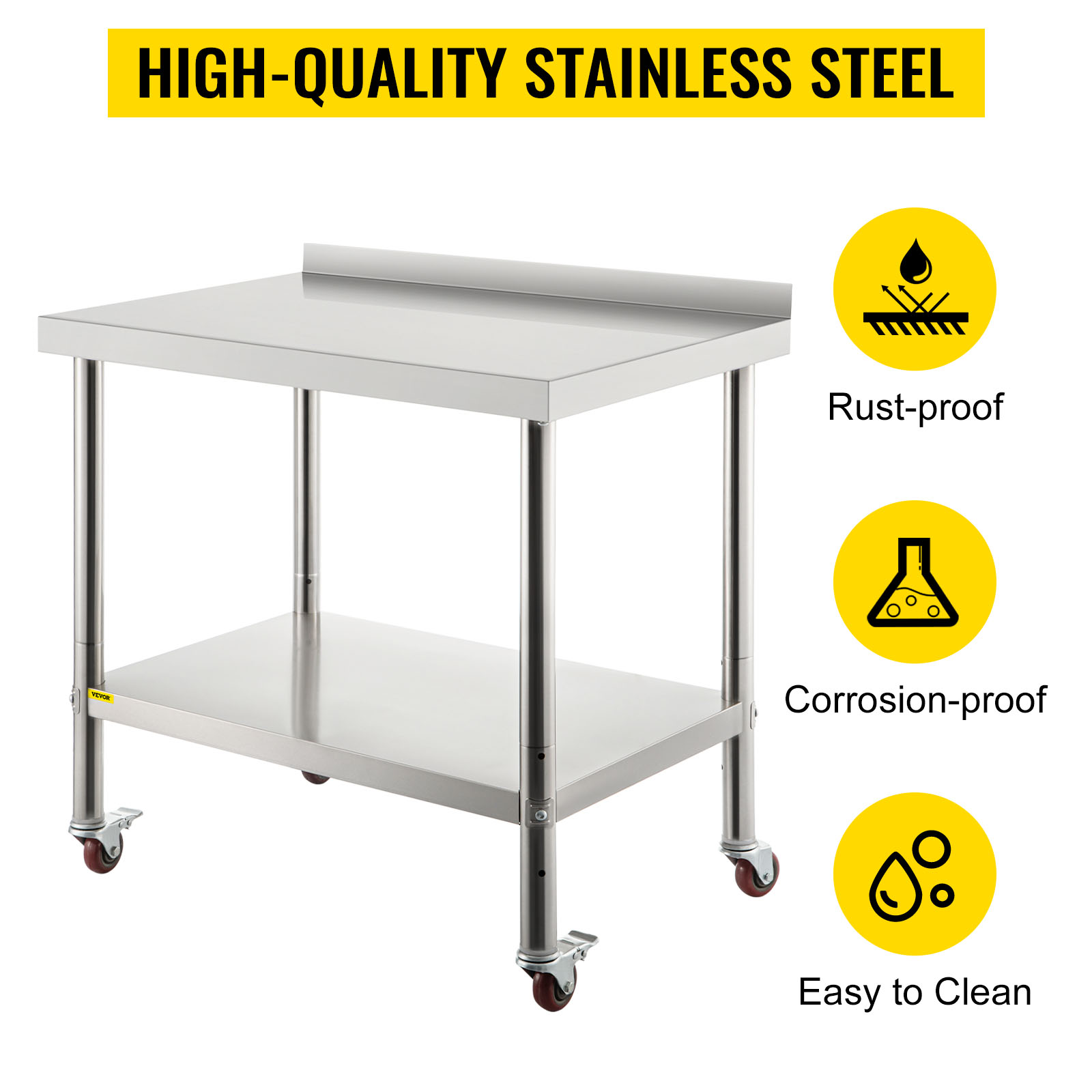 VEVOR stainless steel prep table with rust-proof and corrosion-proof features.