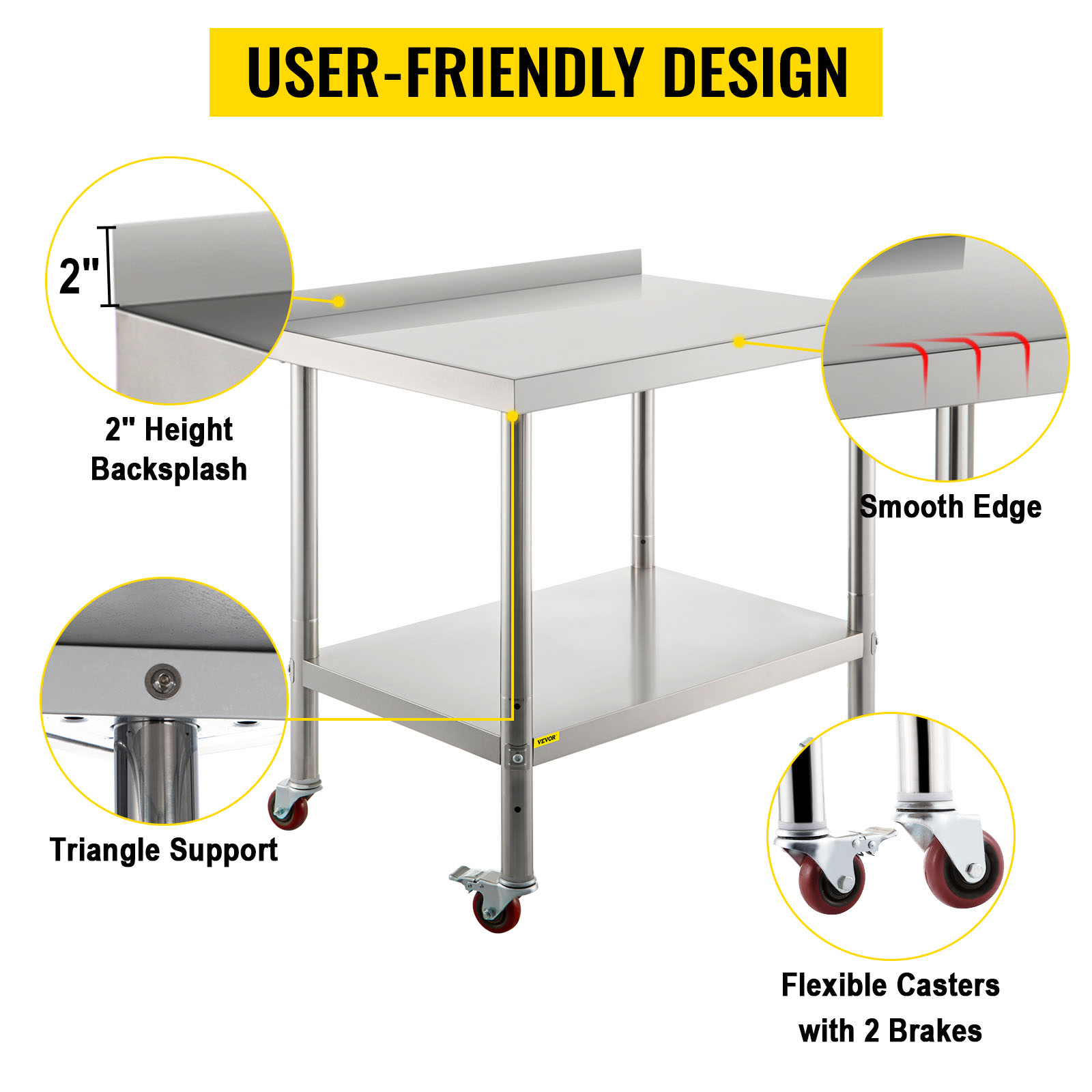 VEVOR stainless steel prep table with backsplash, smooth edges, and casters with brakes.