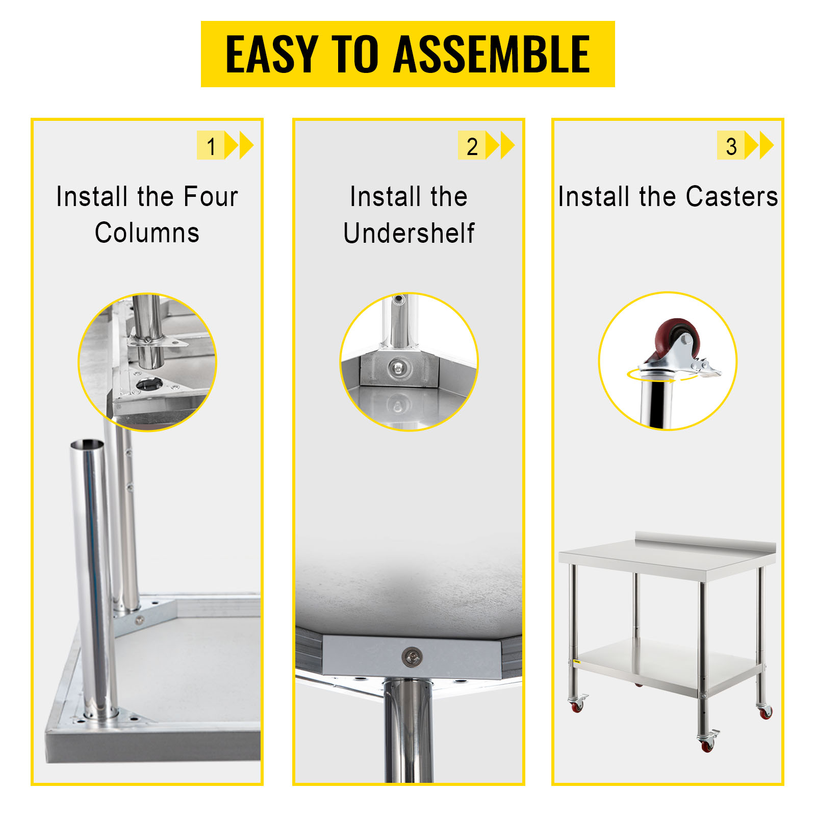VEVOR stainless steel prep table assembly steps: install columns, undershelf, and casters.