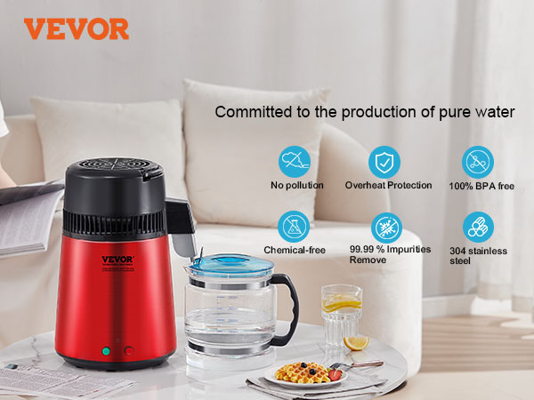 red VEVOR water distiller on a table, showcasing features like no pollution, overheat protection, and bpa-free.