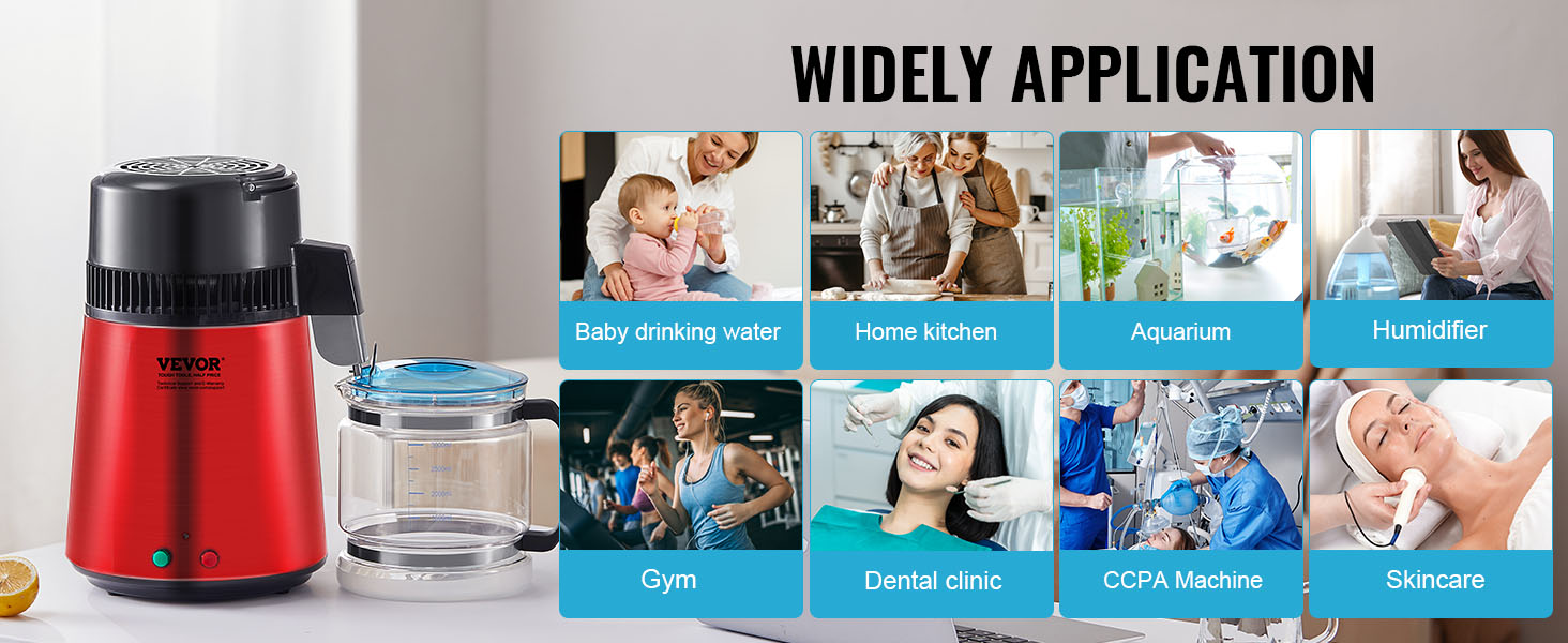 VEVOR water distiller benefits for baby drinking water, home kitchen, humidifier, gym, and skincare.