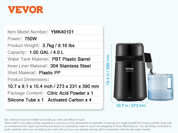 VEVOR water distiller with 750w power, 1.05 gal capacity, and versatile use in clinics, offices, and hospitals.