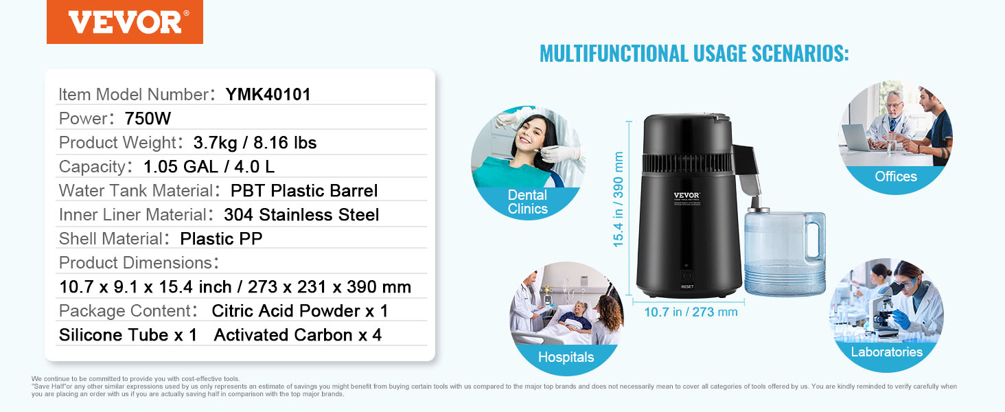 VEVOR water distiller with 750w power, 1.05 gal capacity, and versatile use in clinics, offices, and hospitals.